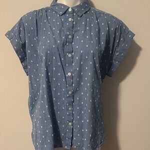 LOFT Blue Button-Up Blouse with White Dots